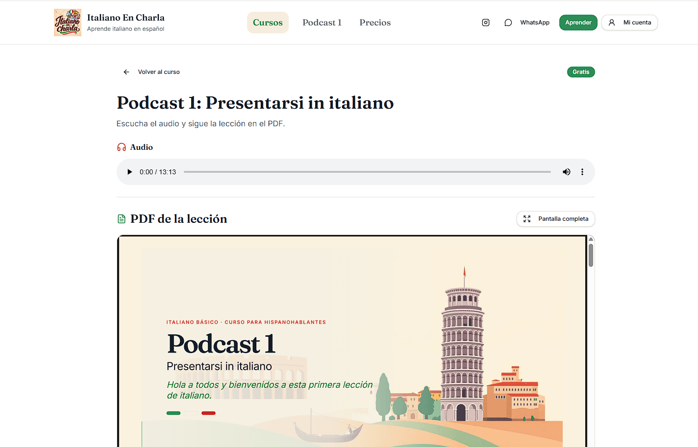Lezione dimostrativa del Podcast 1 con player audio e materiale PDF