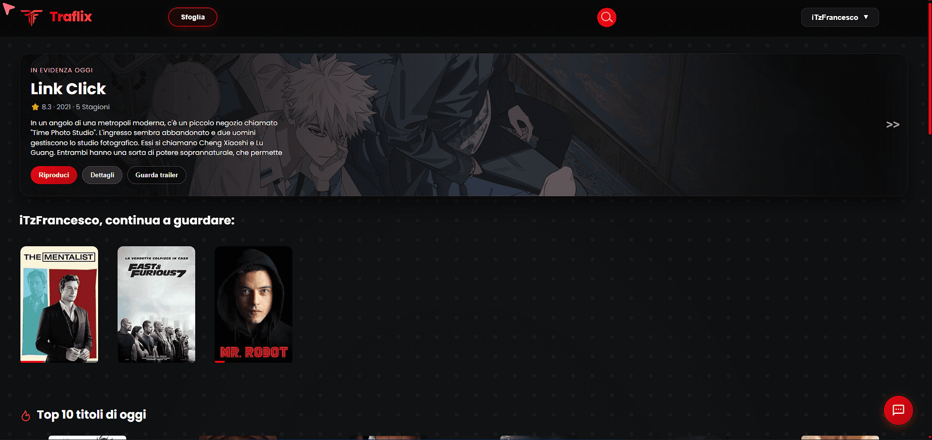 Schermata desktop di Traflix Streaming con catalogo e contenuto in evidenza