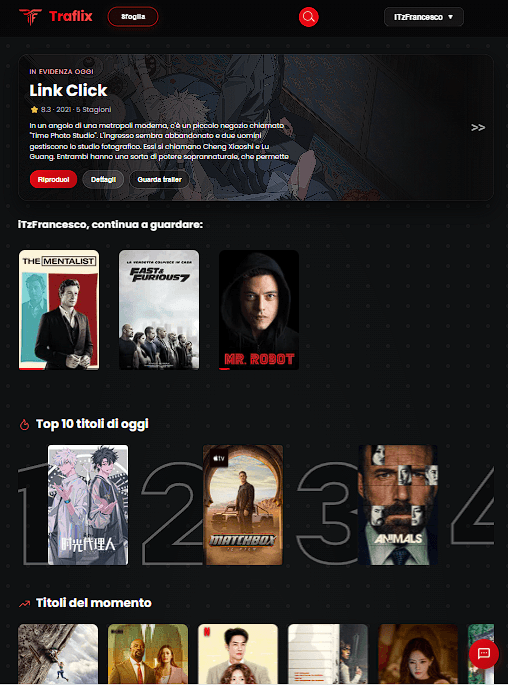 Schermata di Traflix Streaming su iPad con contenuto in evidenza e catalogo