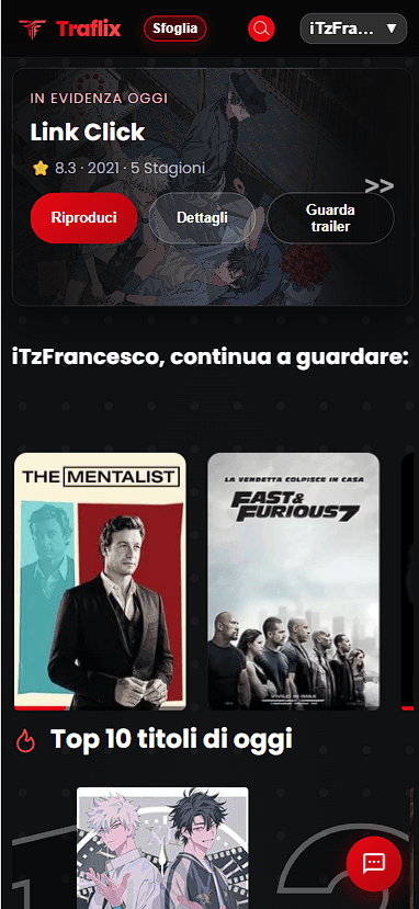 Schermata mobile di Traflix Streaming con la libreria personale